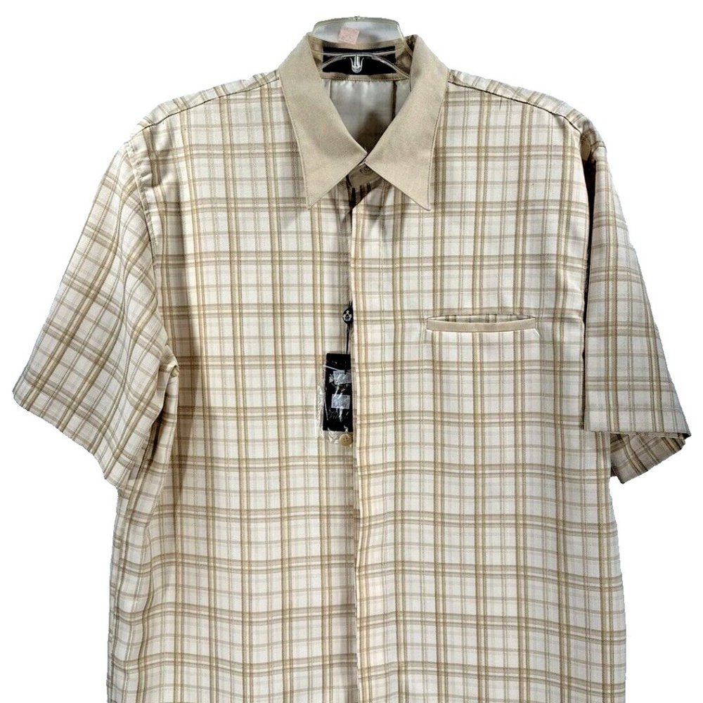 Vitaliano Men's Casual Button-Down Shirt Beige Khaki Gray One Pocket Size 2XL